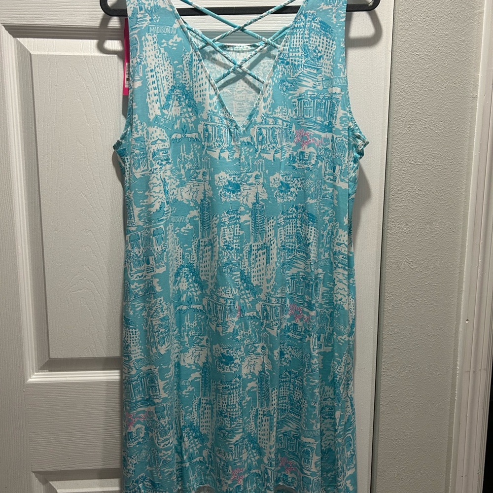 NEW NWT Lilly Pulitzer Aqua and White Printed Midi Dress New York XL - Picture 2 of 3